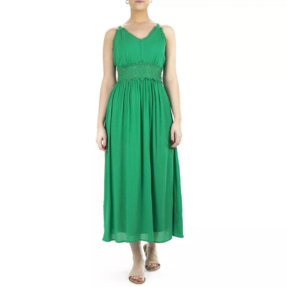 Nina Leonard Women’s Sleeveless Lace Trim Maxi Dress Bright Green Size L‎ Large